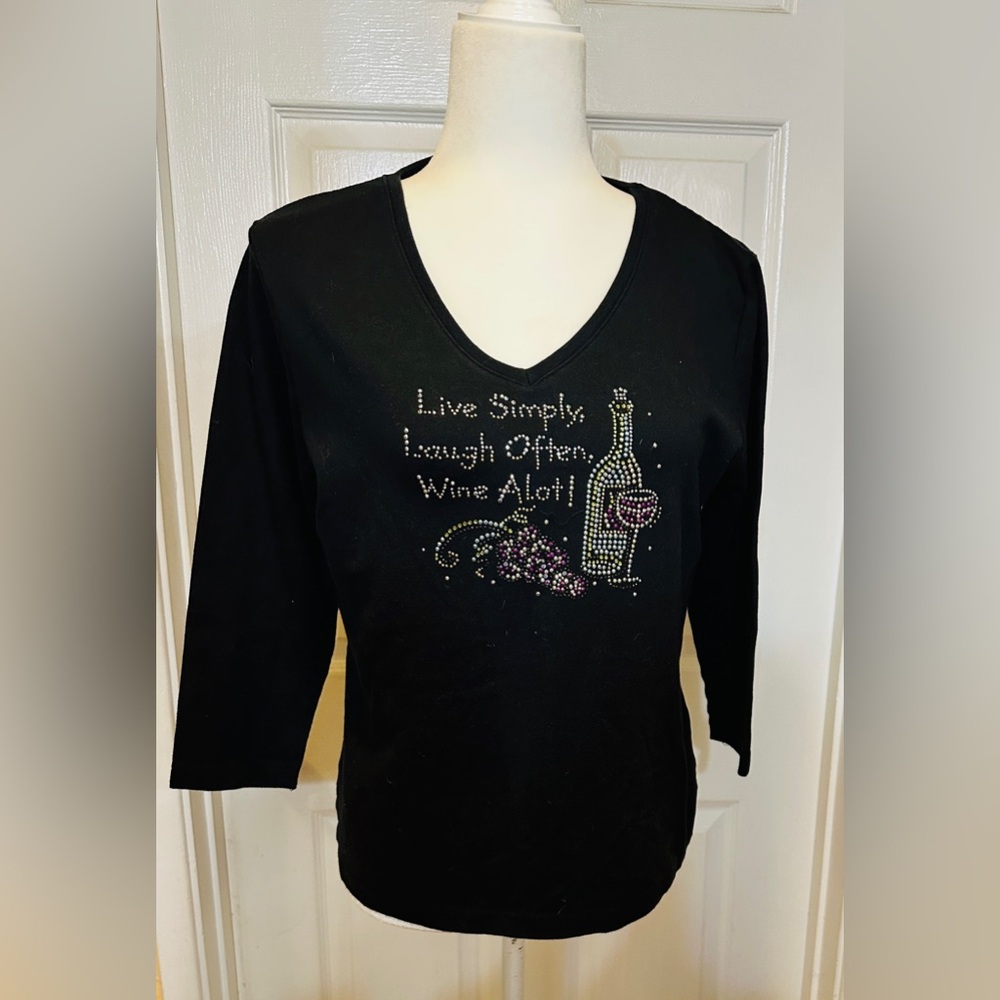 CM Sport Top Black Tee V Neck Sparkling Beaded Sz Large